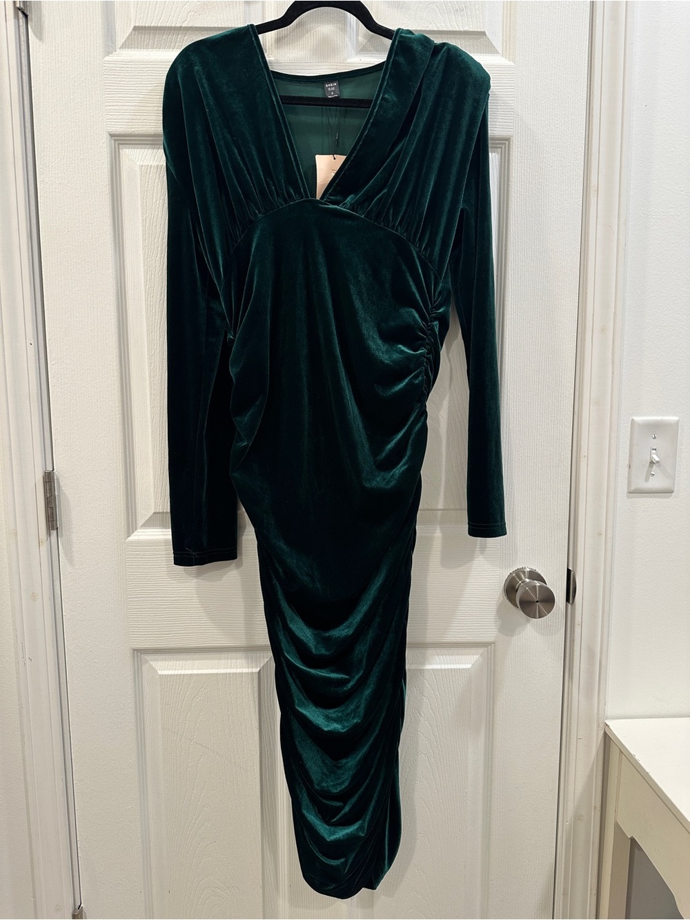 SHEIN BAE Green Deep V Neck Ruched Velvet Party Bodycon Long Sleeve Dress sz XL